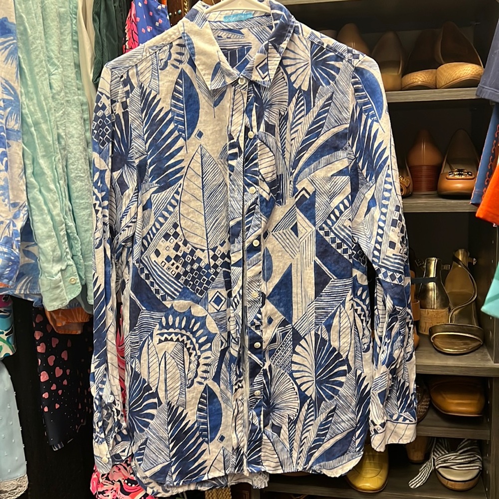 J MCLAUGHLIN BLUE WHITE LINEN BLOUSE